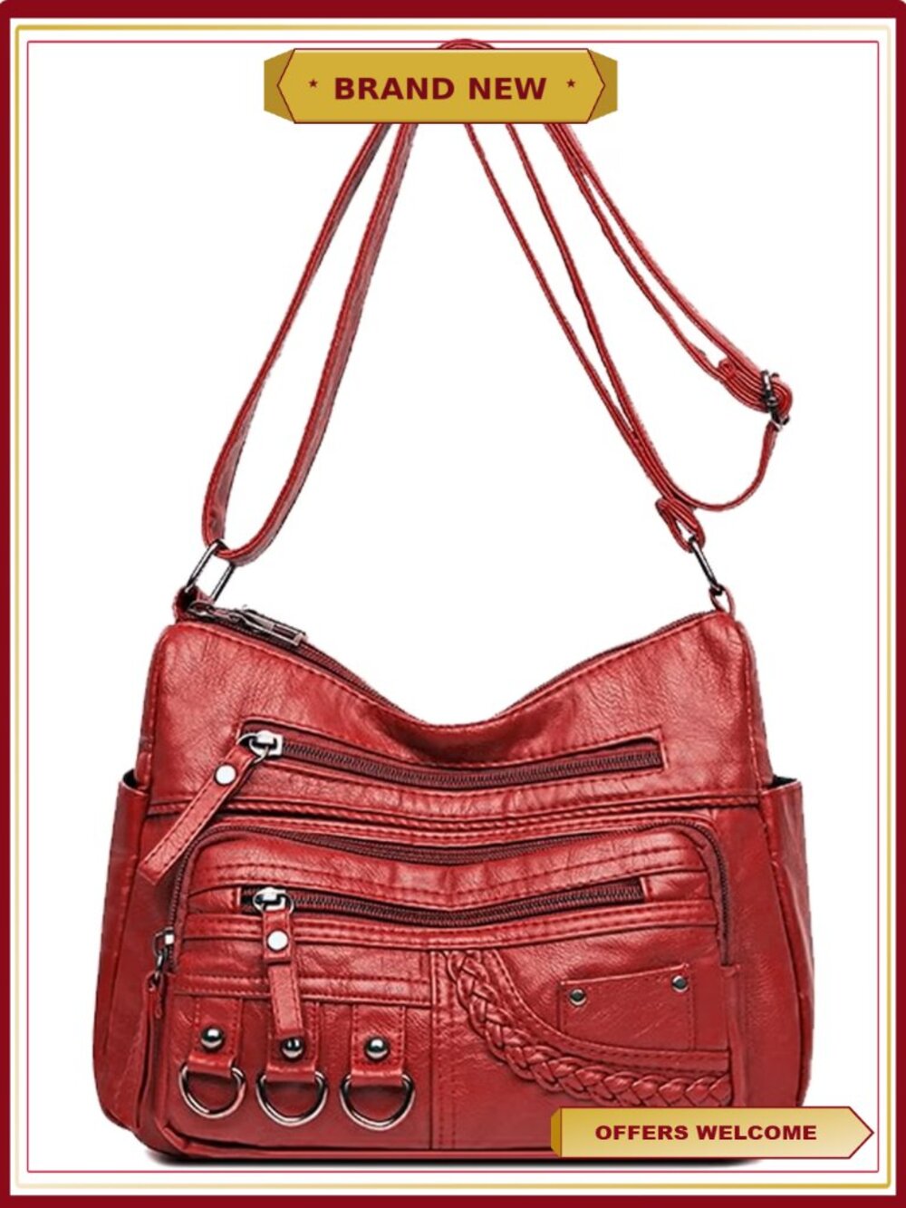 PU Leather Crossbody Bag Waterproof Multi-Pocket Hobo Shoulder Bag Adjustable